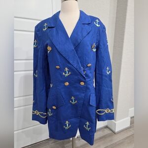 JENNA VINTAGE NAUTICAL LINEN BLUE EMBROIDERED DOUBLE BREAST BLAZER SIZE LARGE